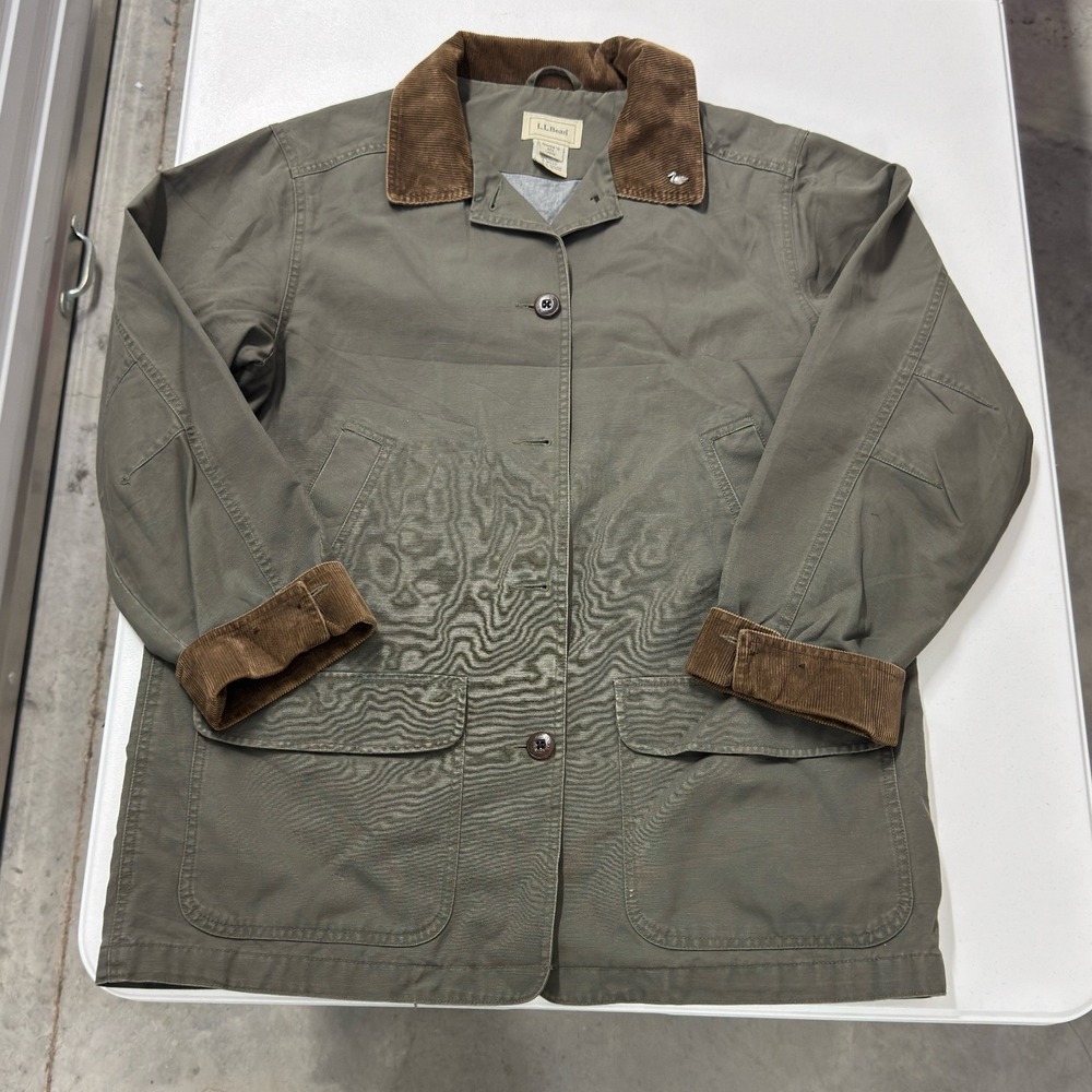 L.L. Bean Field Coat Womens Large Olive Green Excellent Flannel Lined Canvas